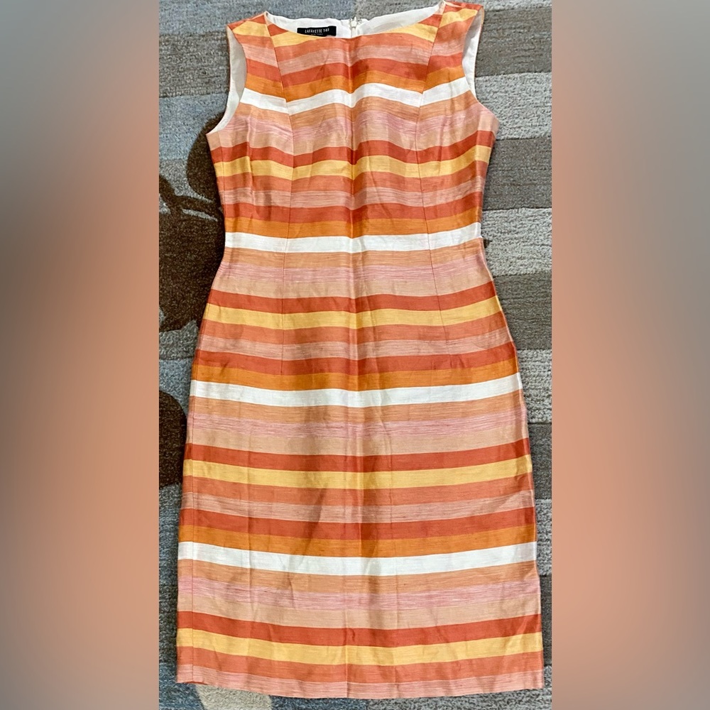 Lafayette 148 New York Twiggy Sleeveless Woven Stripe Sunset Multi Shift Dress.